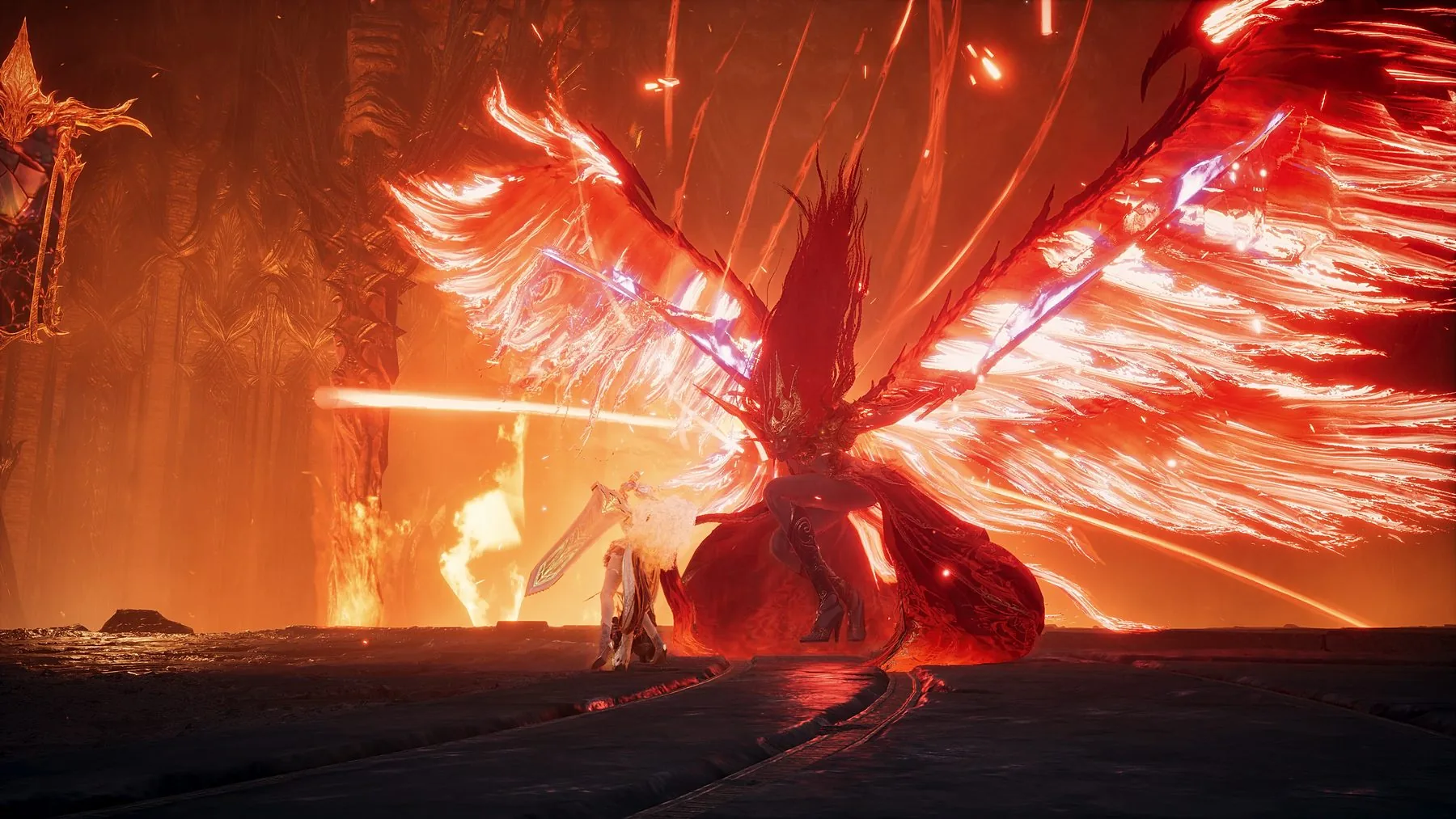 A lone Daeva faces a towering boss with blazing red wings of flame in a molten hall, a beam of light cutting across the floor.