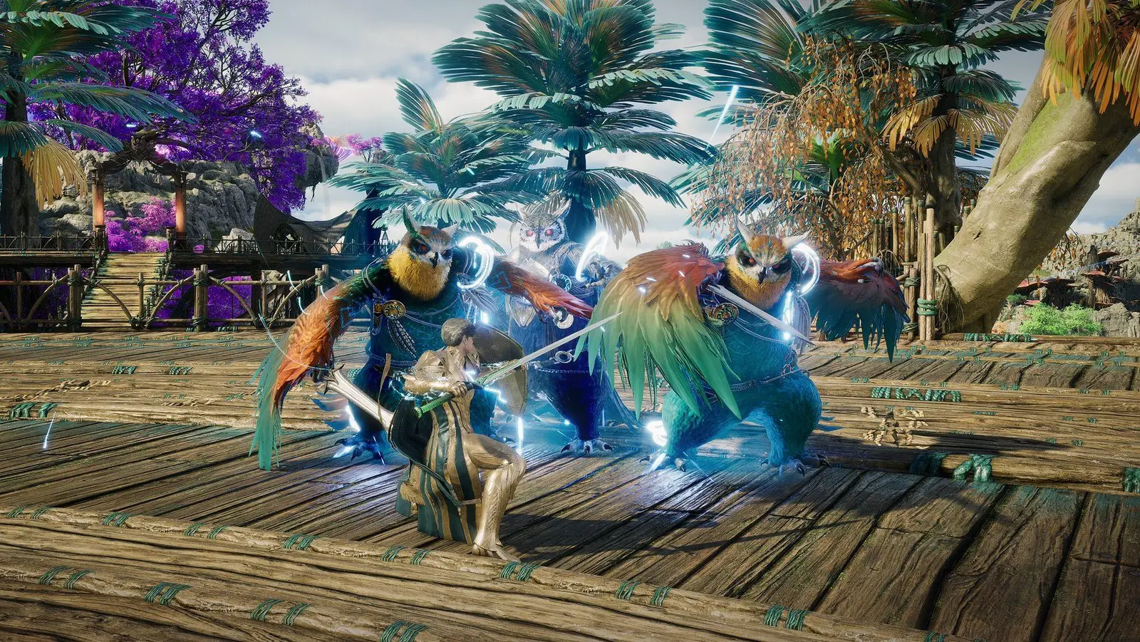 A Daeva swings a weapon at two large feathered beasts on a wooden boardwalk among palm trees, lightning crackling between them.