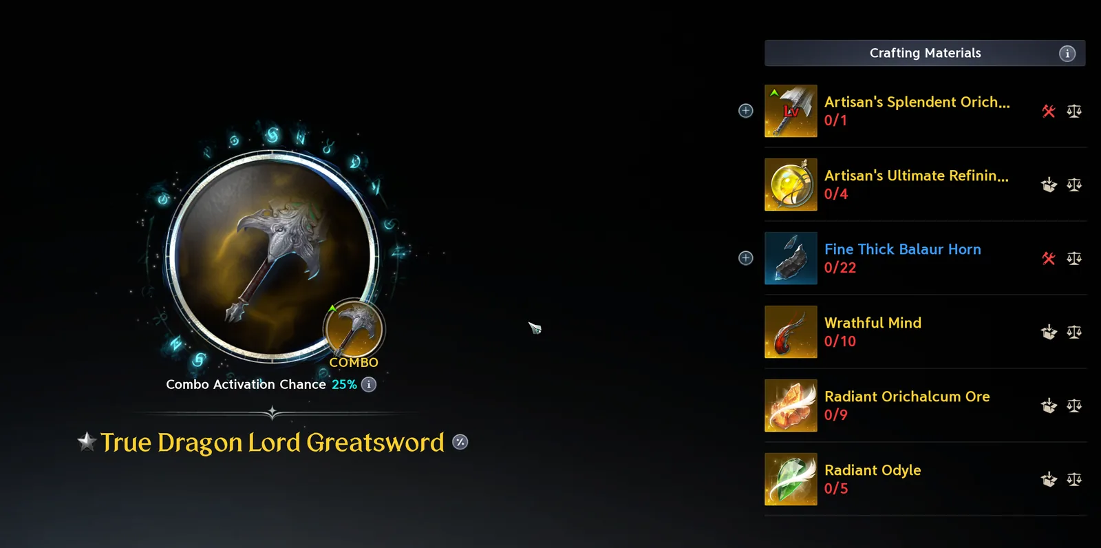 The crafting window for True Dragon Lord Greatsword: a Combo badge and "Combo Activation Chance 25%" under the item, and the crafting materials listed on the right — Artisan's Splendent Orichalcum Greatsword, 4 Artisan's Ultimate Refining Stone, 22 Fine Thick Balaur Horn, 10 Wrathful Mind, 9 Radiant Orichalcum Ore and 5 Radiant Odyle.