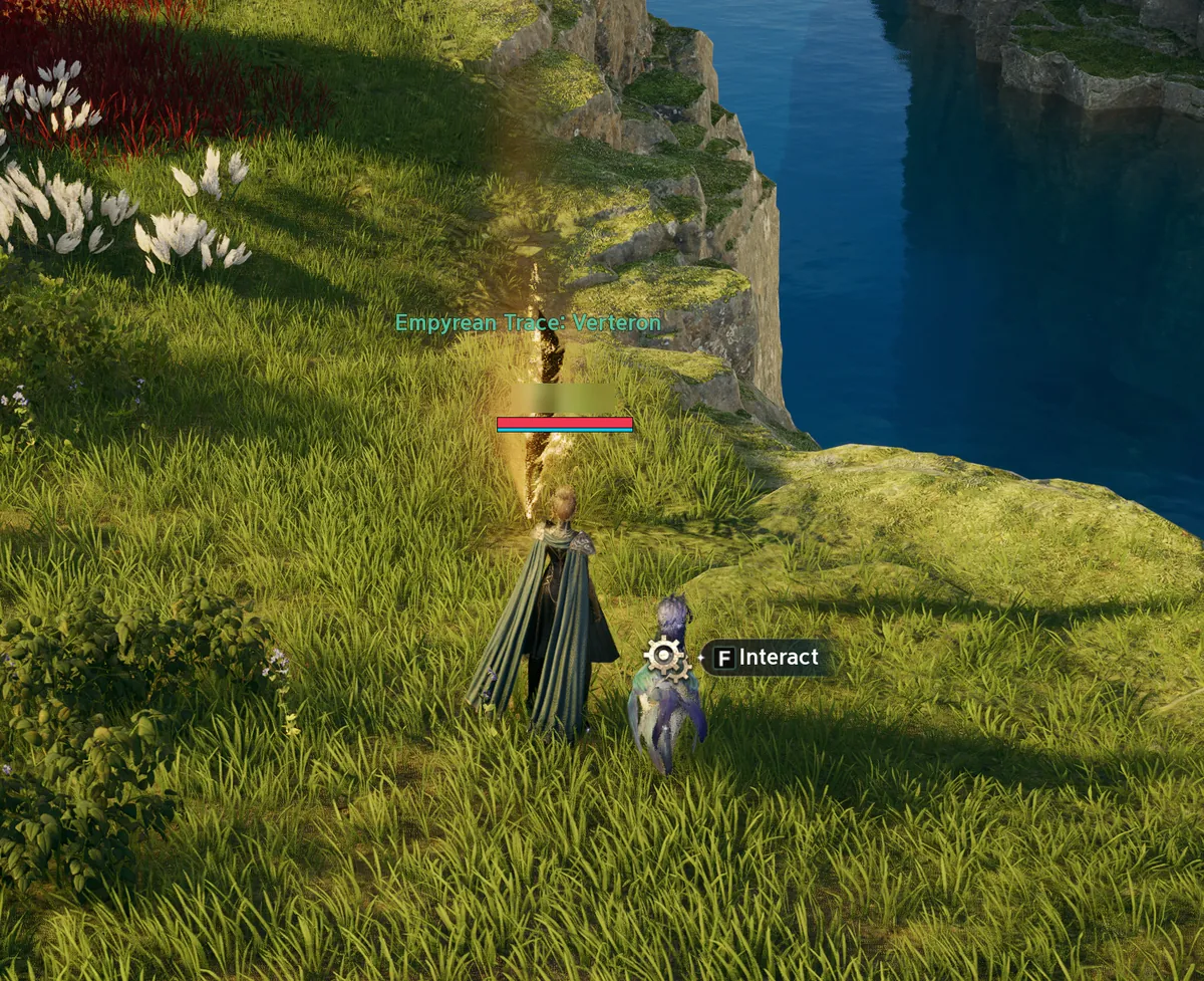 A glowing golden crack in the ground labelled Empyrean Trace: Verteron on a grassy cliff, with an F Interact prompt.