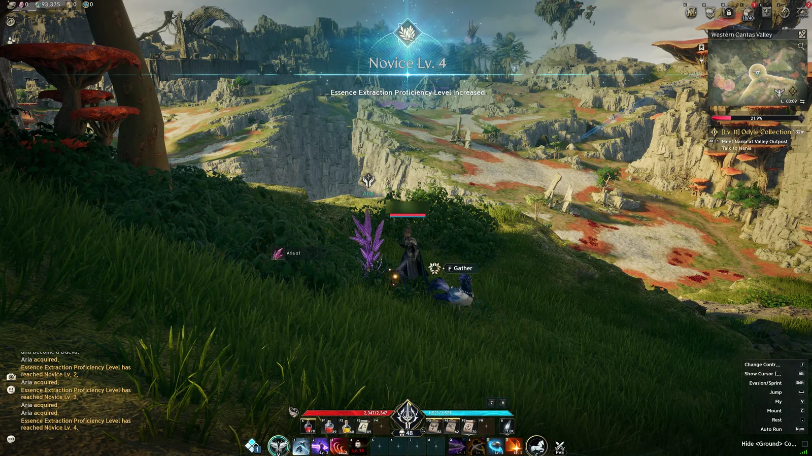 A Daeva gathering a purple Aria plant, with the banner Novice Lv. 4 Essence Extraction Proficiency Level increased.