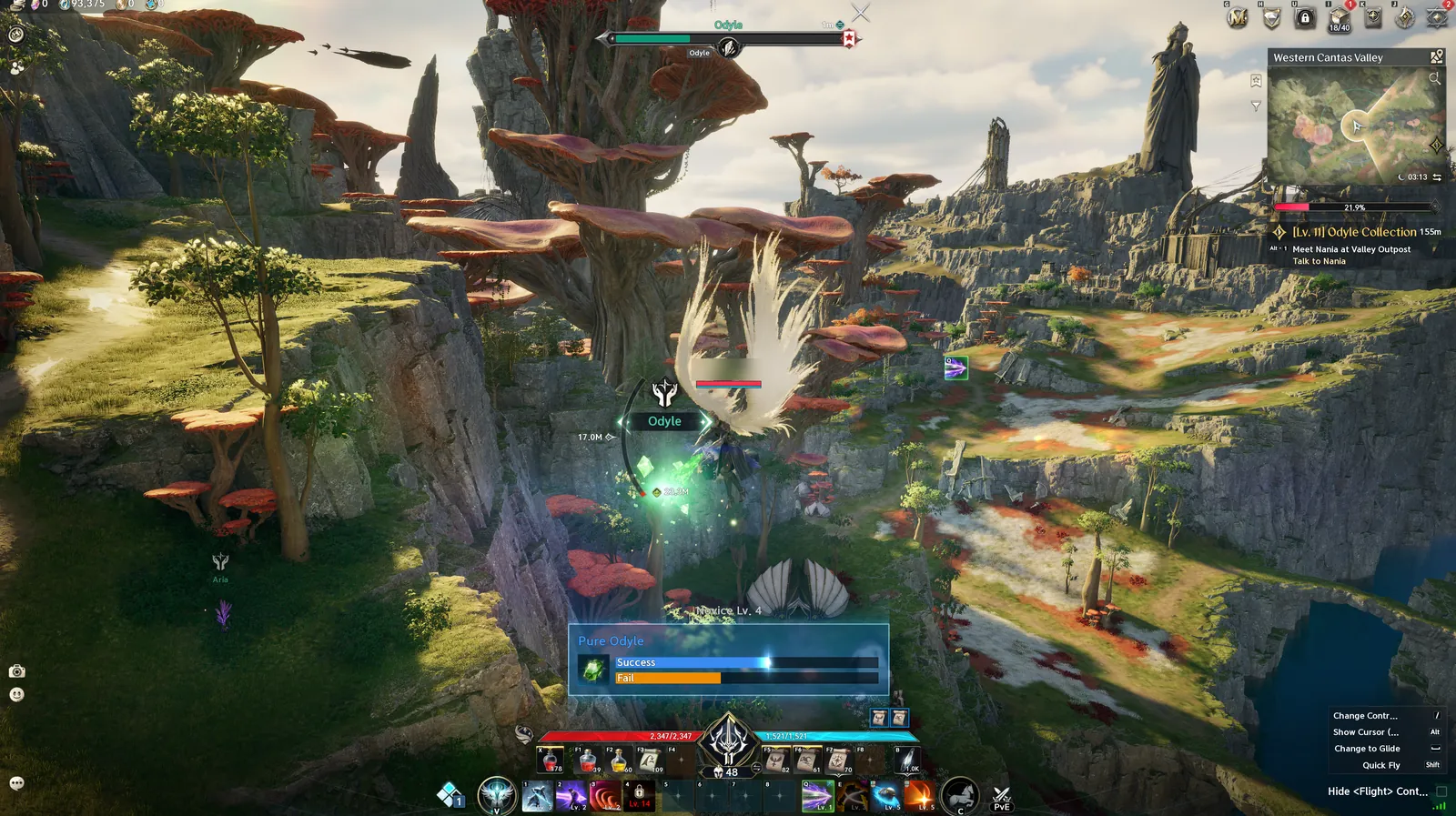 A Daeva with wings spread gathering Pure Odyle in mid-air, with a Success and Fail gathering bar on screen.