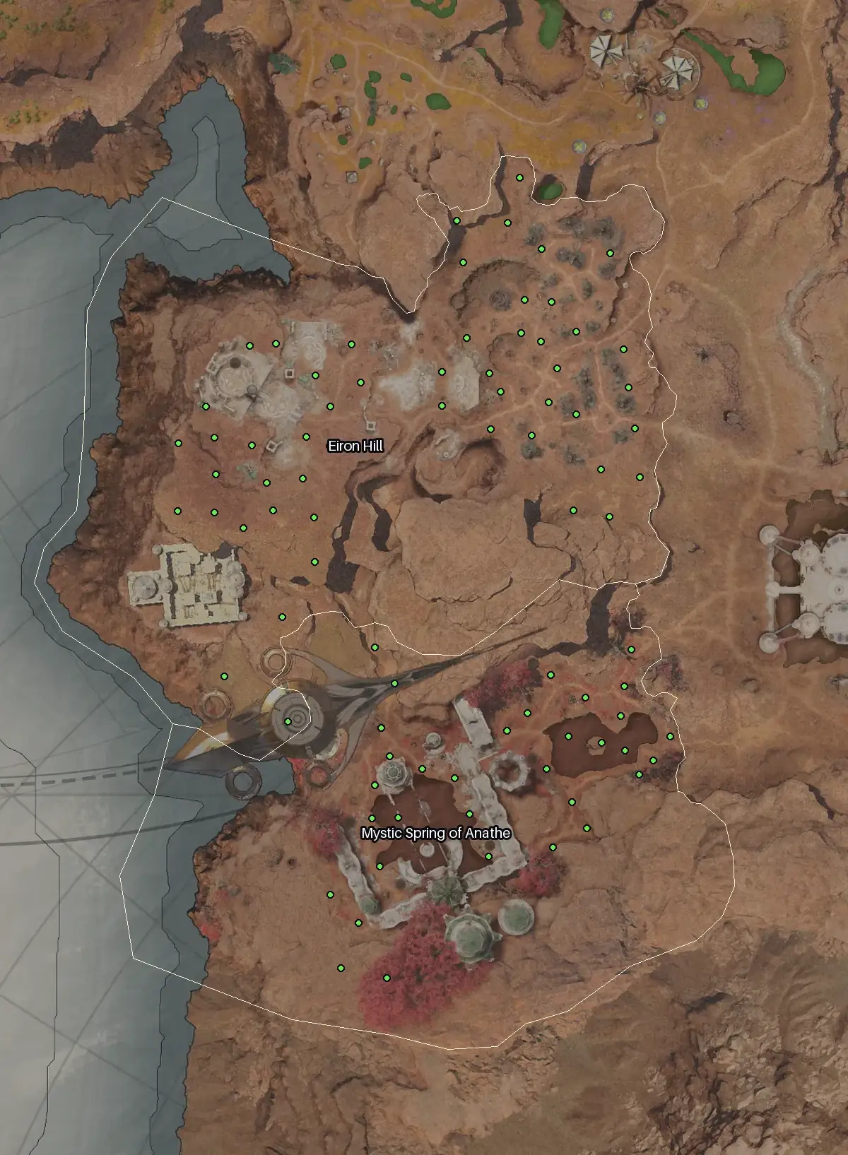 Map of Eltnen with every Aria node marked: Eiron Hill, Mystic Spring of Anathe.