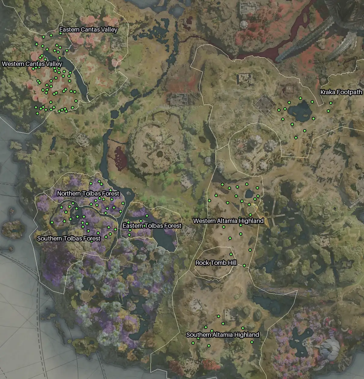Map of Verteron with every Aria node marked: Western Cantas Valley, Western Altamia Highland, Southern Tolbas Forest, Northern Tolbas Forest.