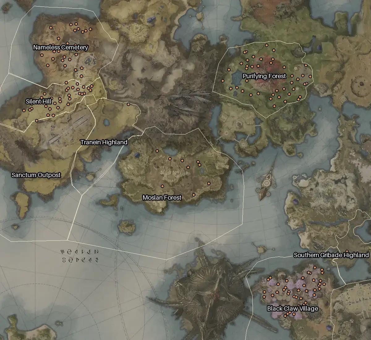 Map of Altgard with every Asvata node marked: Purifying Forest, Black Claw Village, Silent Hill, Nameless Cemetery.