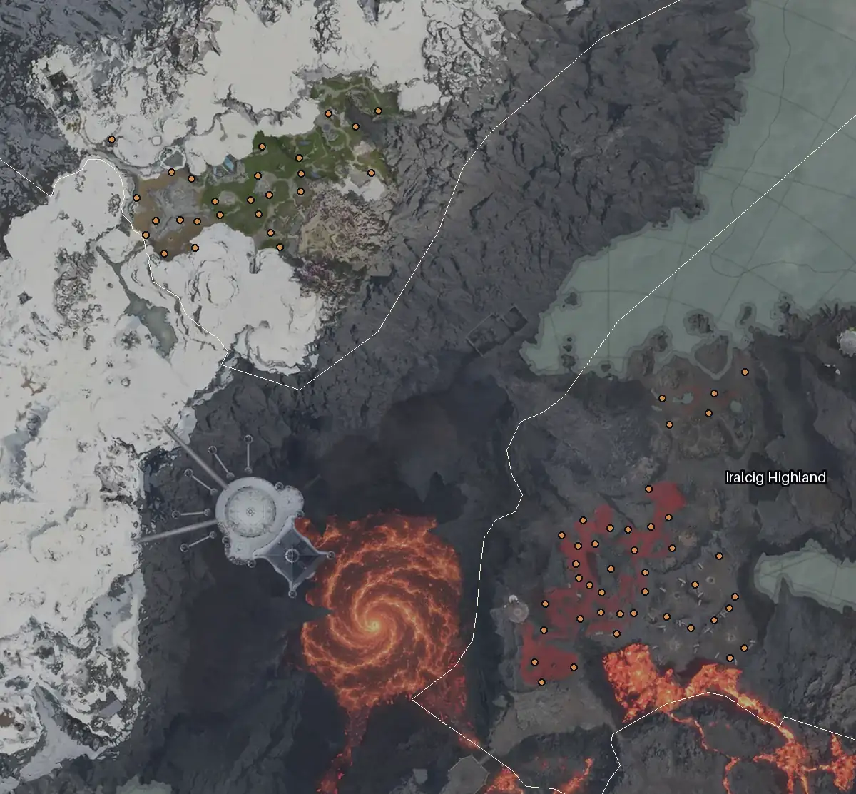 Map of Morheim with every Asvata node marked: Iralcig Highland, Patamor Plains.