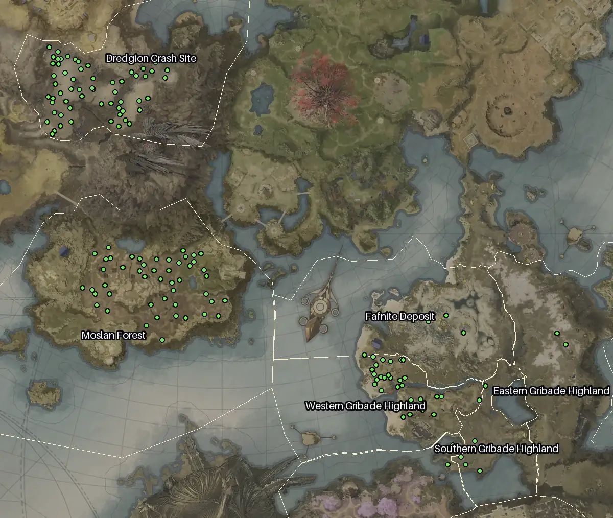 Map of Altgard with every Azpha node marked: Dredgion Crash Site, Moslan Forest, Western Gribade Highland, Southern Gribade Highland.