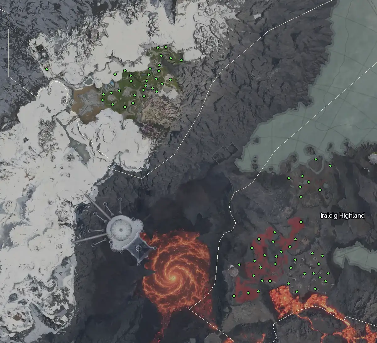 Map of Morheim with every Azpha node marked: Iralcig Highland, Patamor Plains.