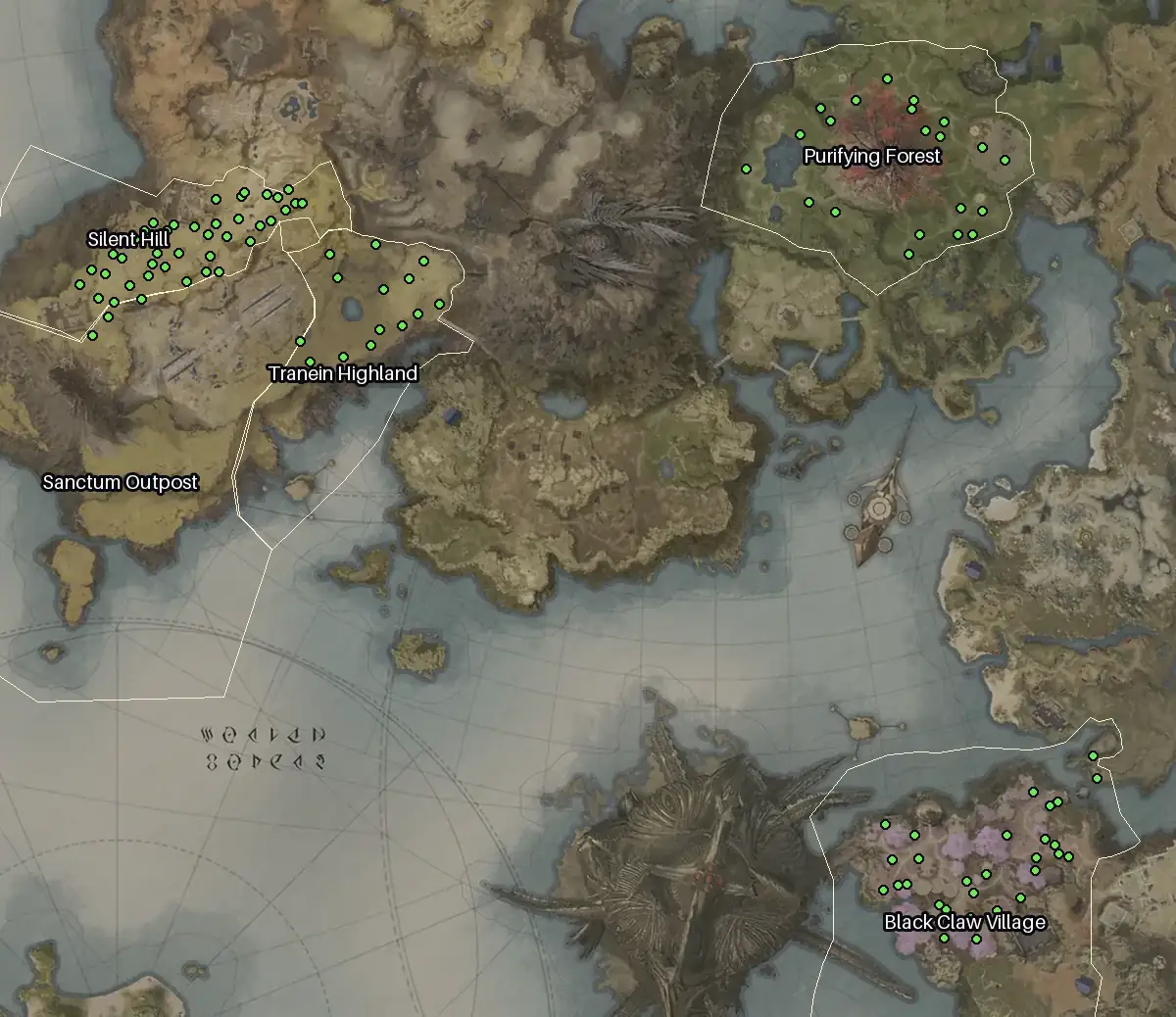 Map of Altgard with every Calendula node marked: Silent Hill, Black Claw Village, Purifying Forest, Tranein Highland.