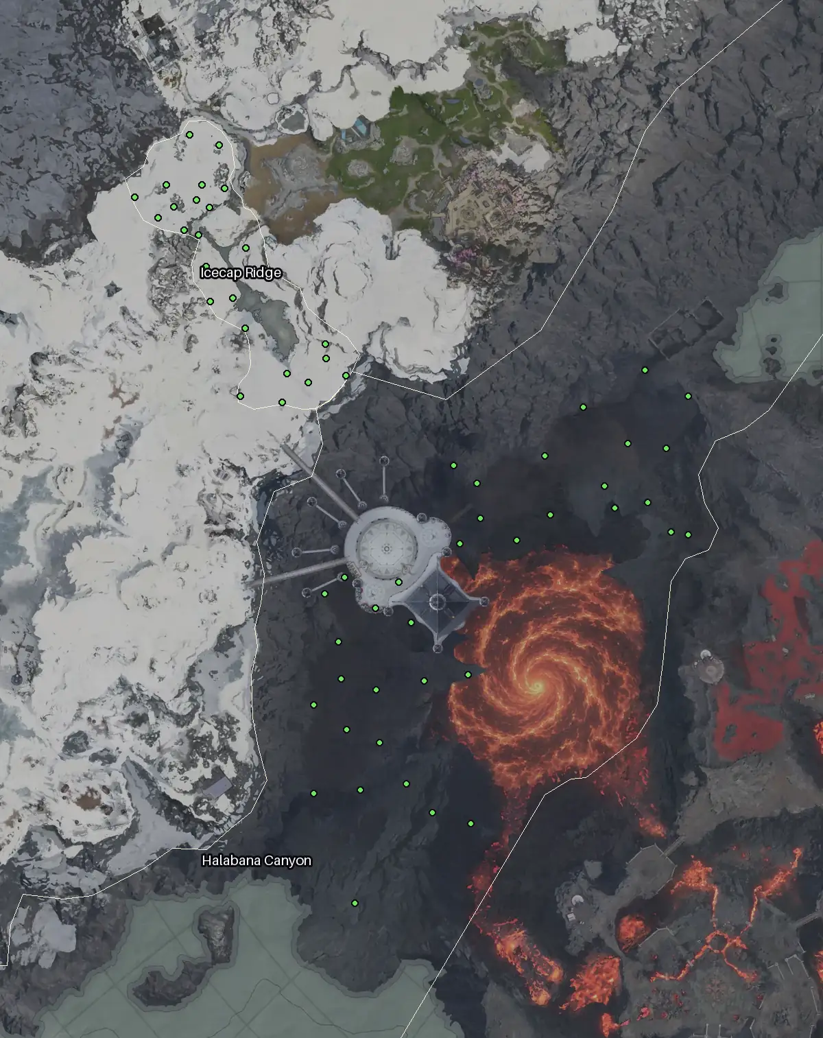 Map of Morheim with every Calendula node marked: Halabana Canyon, Icecap Ridge.