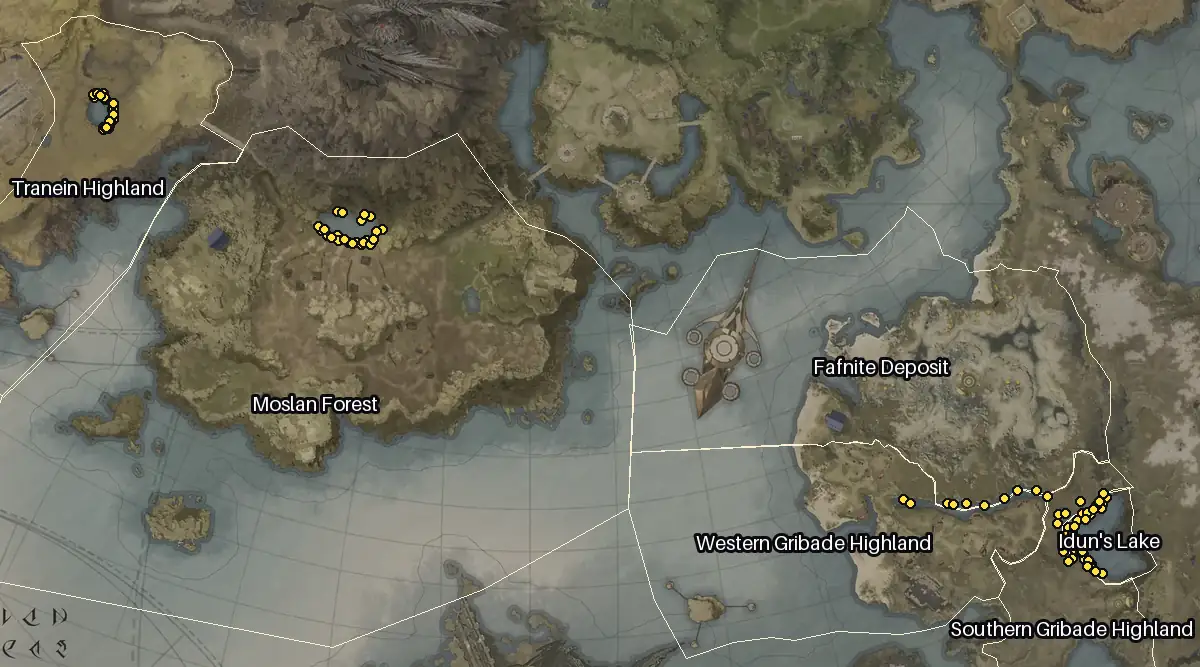 Map of Altgard with every Conide node marked: Idun's Lake, Tranein Highland, Moslan Forest, Southern Gribade Highland.