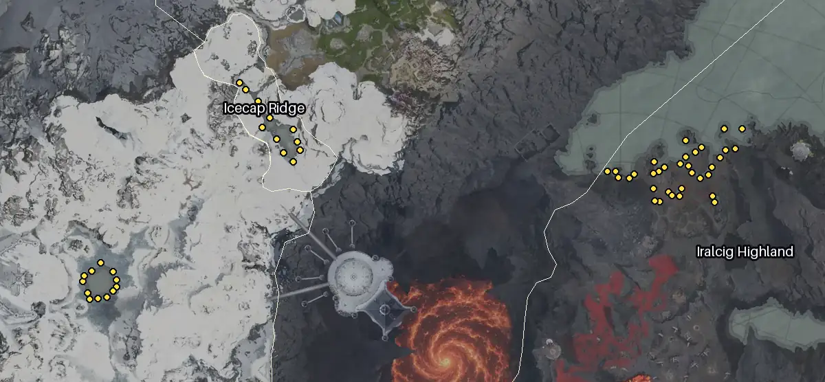 Map of Morheim with every Conide node marked: Iralcig Highland, Icecap Ridge, Nephra Snowfield.