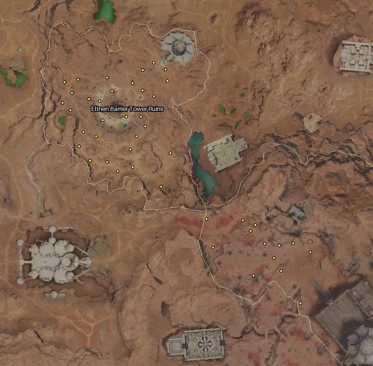 Map of Eltnen with every Coriolus node marked: Eltnen Barrier Tower Ruins, Fractured Land.