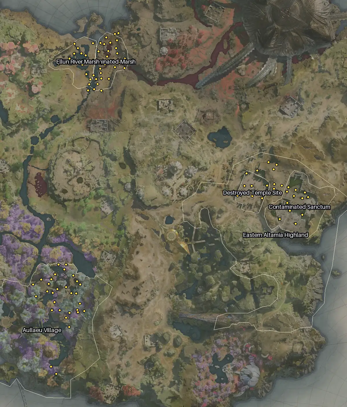 Map of Verteron with every Coriolus node marked: Aullaeu Village, Contaminated Marsh, Contaminated Sanctum, Ellun River Marsh.