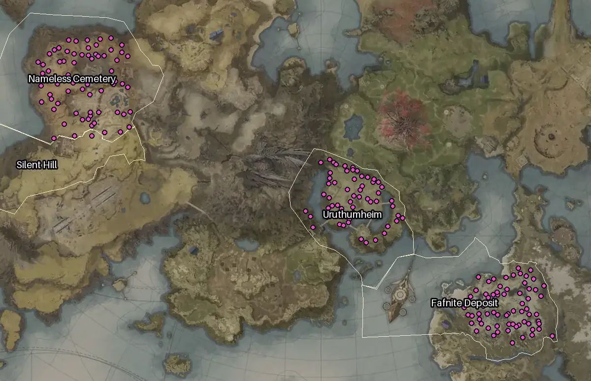 Map of Altgard with every Diamond node marked: Fafnite Deposit, Nameless Cemetery, Uruthumheim, Silent Hill.