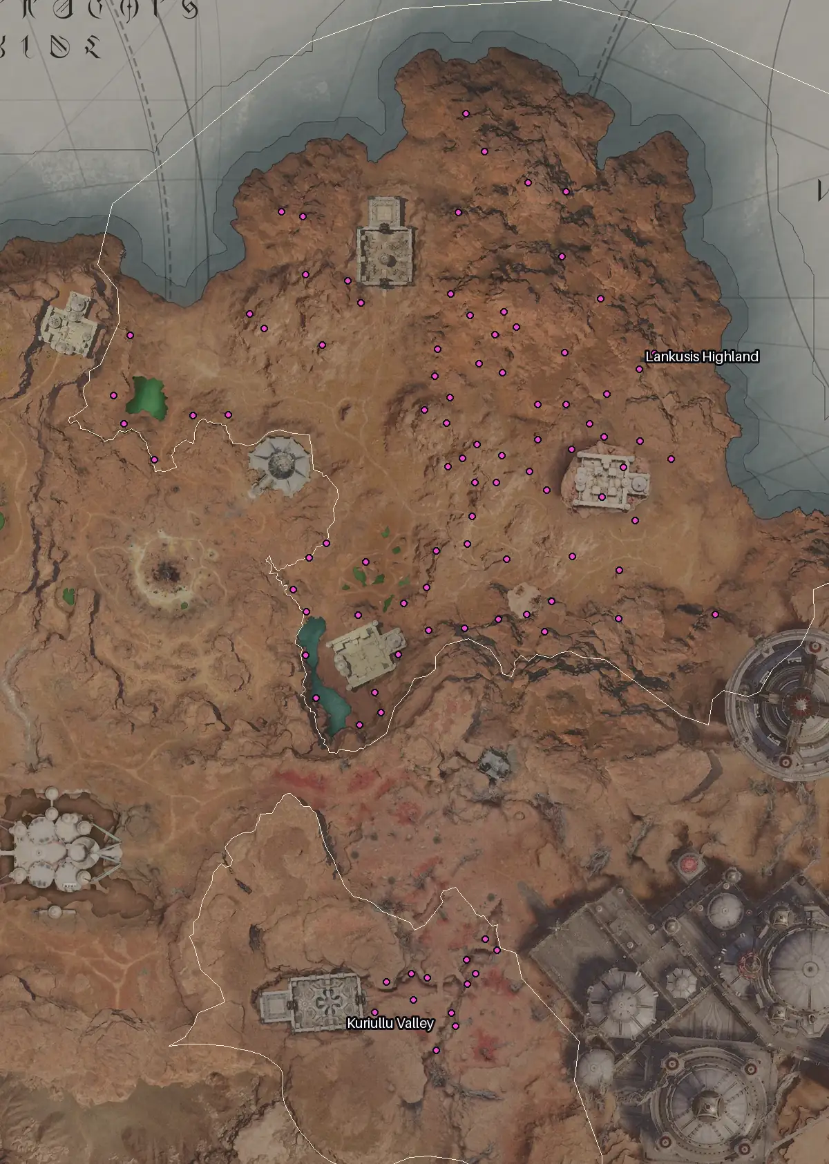 Map of Eltnen with every Diamond node marked: Lankusis Highland, Kuriullu Valley.