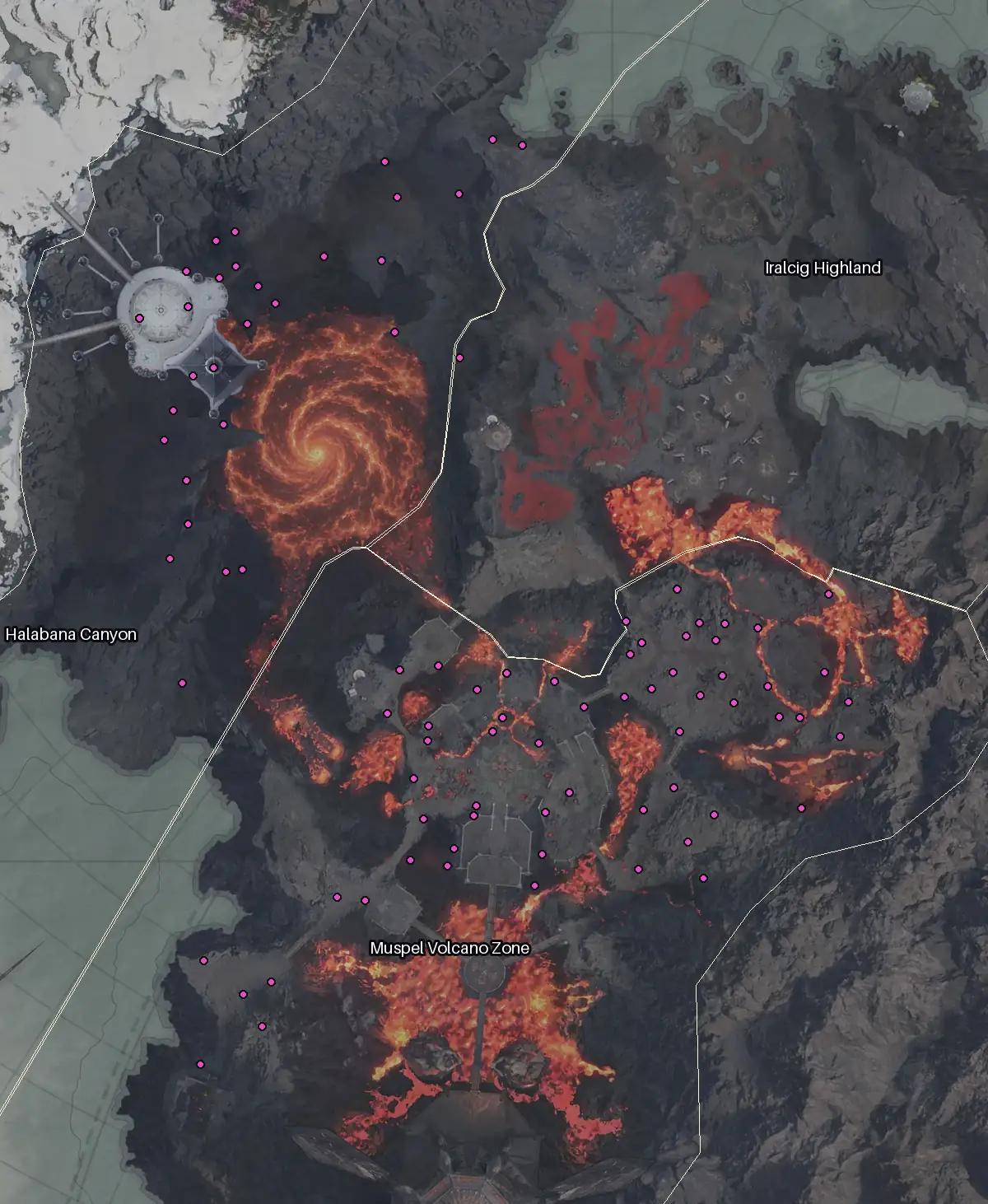 Map of Morheim with every Diamond node marked: Muspel Volcano Zone, Halabana Canyon, Iralcig Highland.