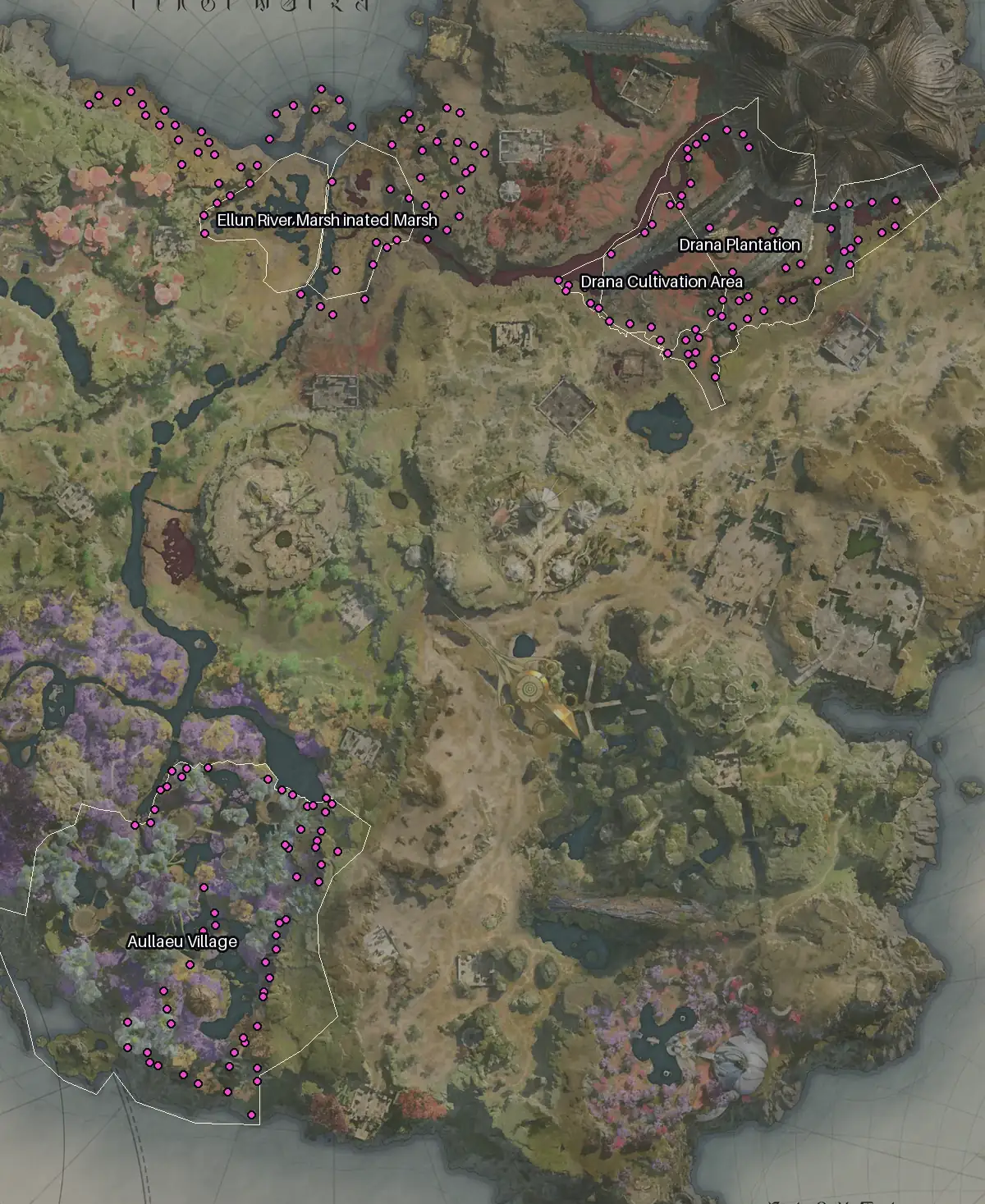 Map of Verteron with every Diamond node marked: Aullaeu Village, Drana Plantation, Drana Cultivation Area, Contaminated Marsh.
