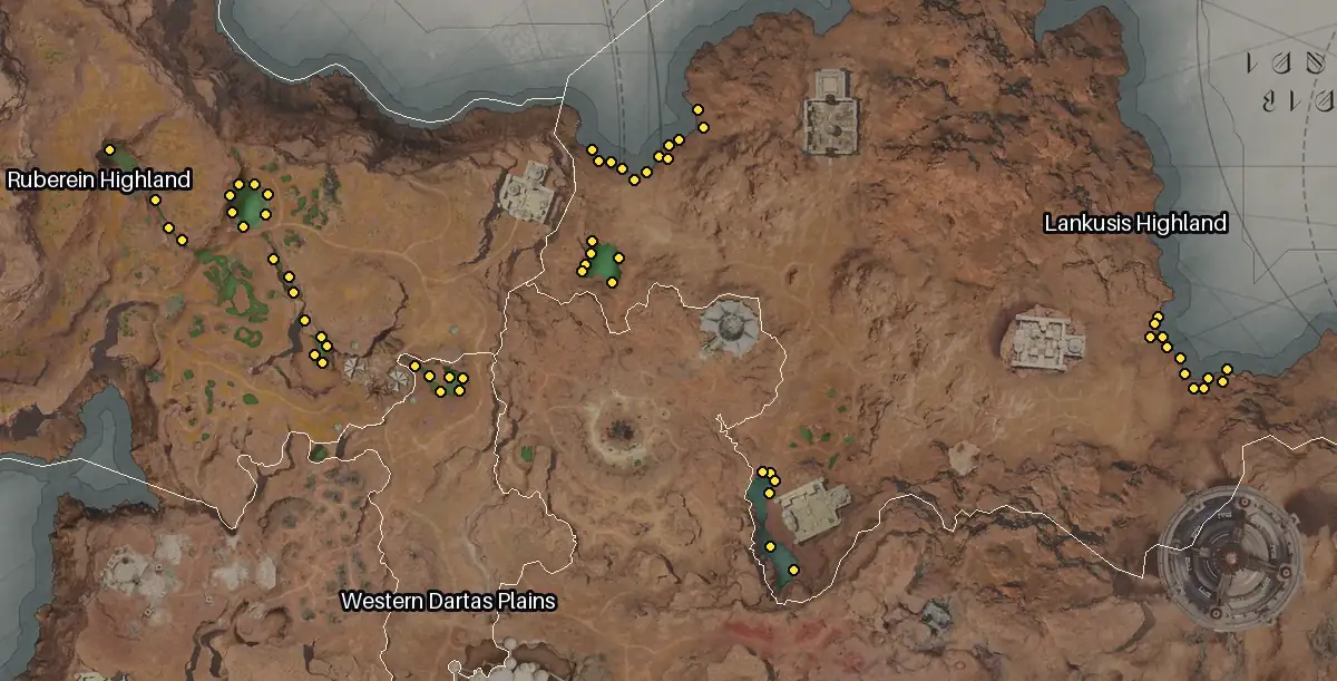 Map of Eltnen with every Inina node marked: Lankusis Highland, Ruberein Highland, Western Dartas Plains.
