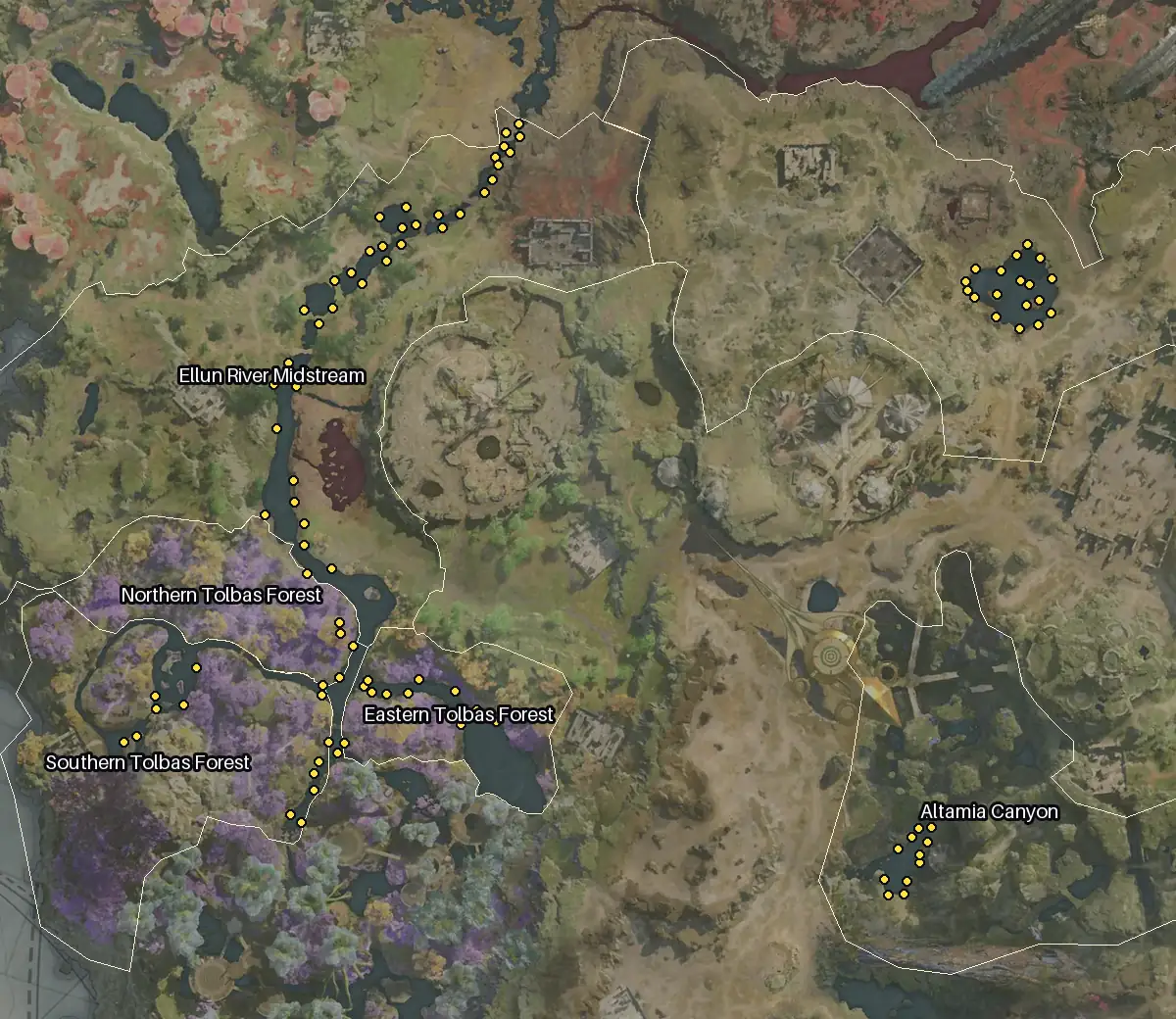 Map of Verteron with every Inina node marked: Ellun River Midstream, Kraka Footpath, Southern Tolbas Forest, Eastern Tolbas Forest.