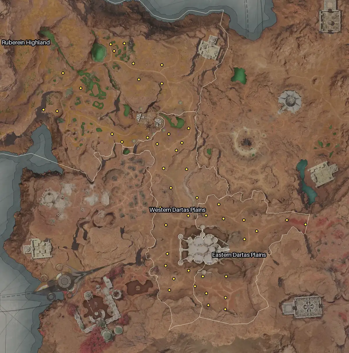 Map of Eltnen with every Kukuru node marked: Western Dartas Plains, Eastern Dartas Plains, Ruberein Highland.