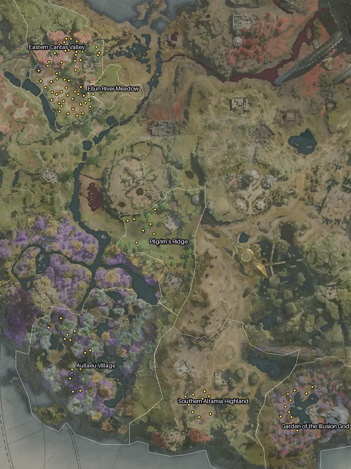 Map of Verteron with every Kukuru node marked: Eastern Cantas Valley, Aullaeu Village, Southern Altamia Highland, Garden of the Illusion God.