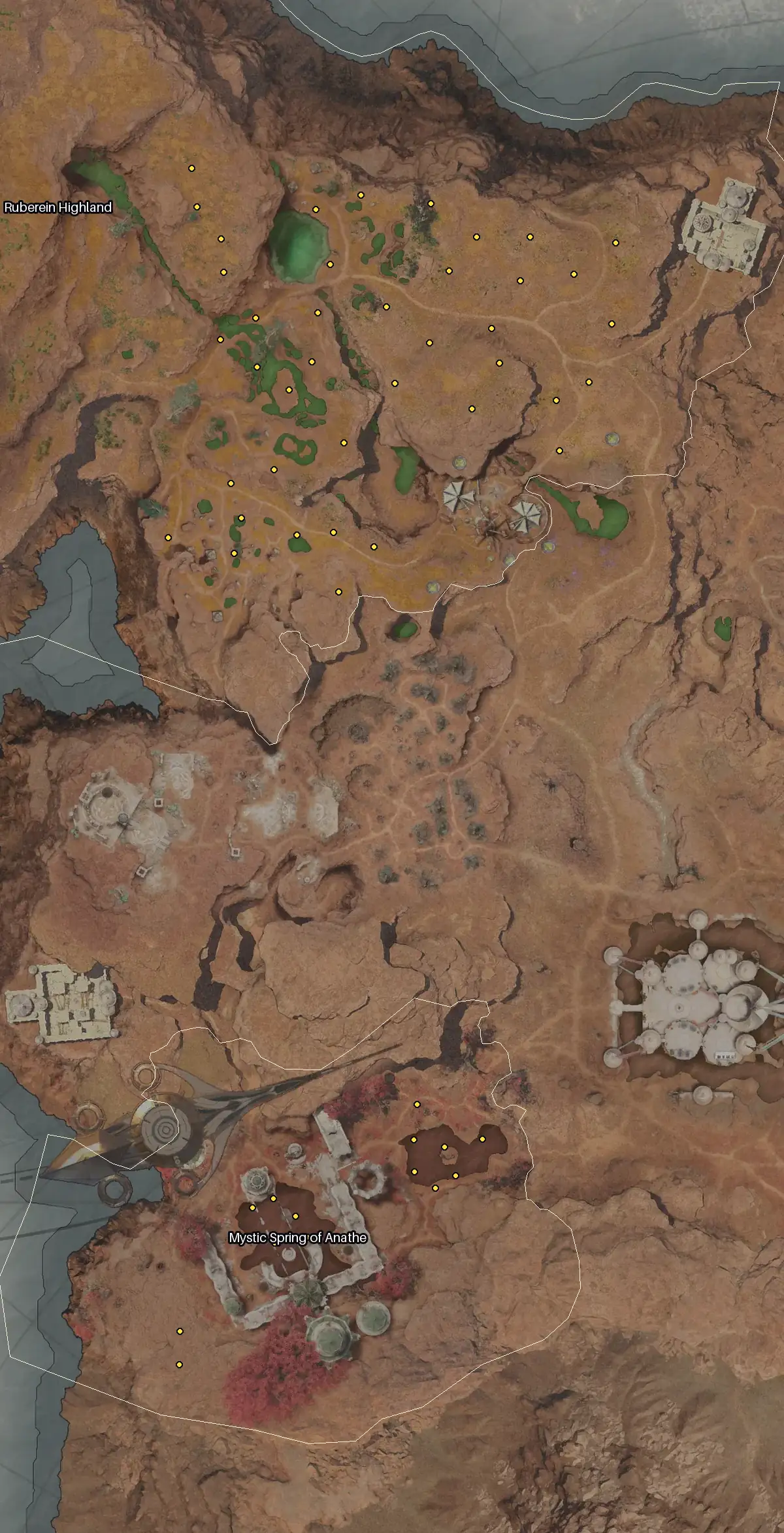 Map of Eltnen with every Mela node marked: Ruberein Highland, Mystic Spring of Anathe.