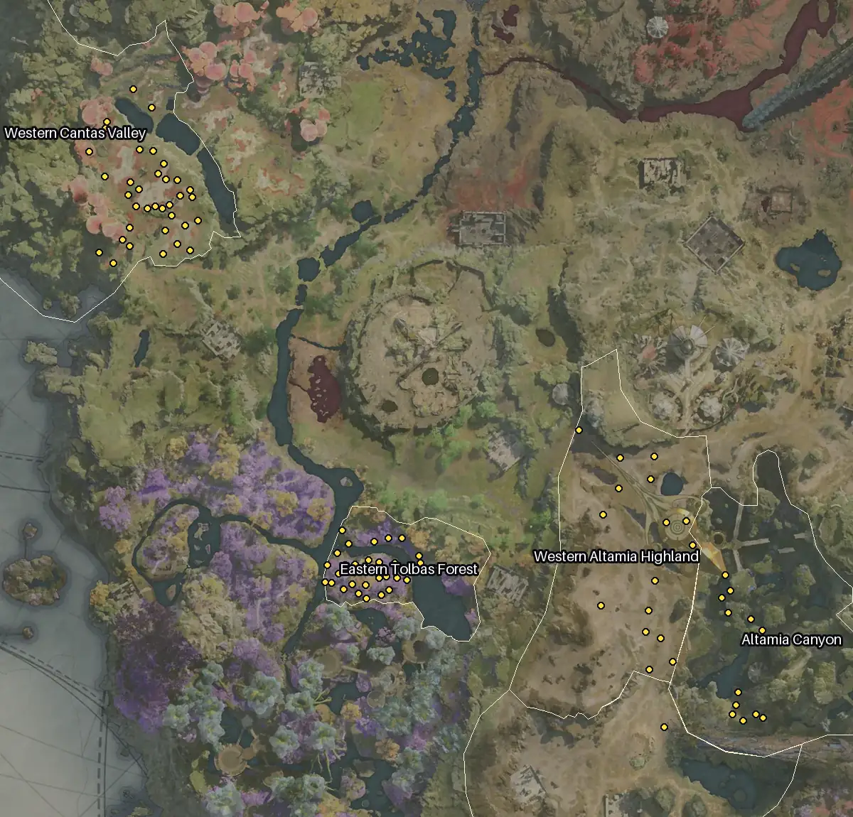 Map of Verteron with every Mela node marked: Western Cantas Valley, Eastern Tolbas Forest, Western Altamia Highland, Altamia Canyon.