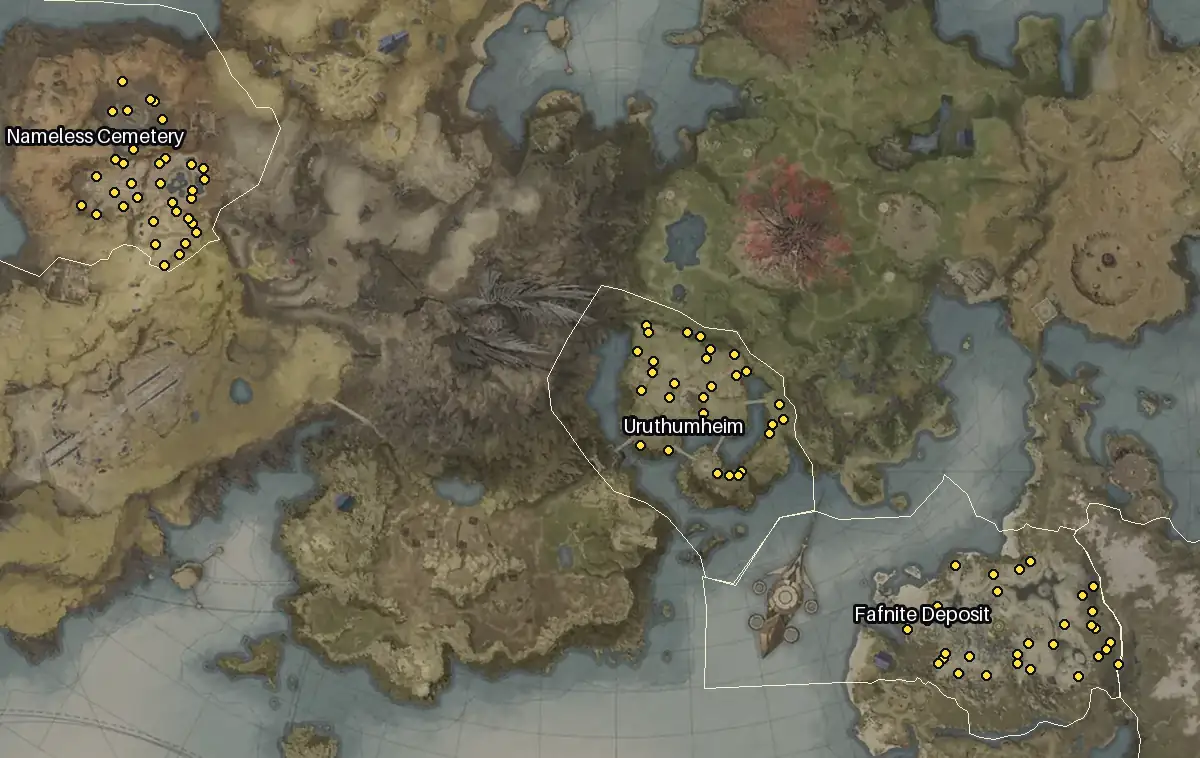 Map of Altgard with every Morfa node marked: Nameless Cemetery, Uruthumheim, Fafnite Deposit, Eastern Gribade Highland.