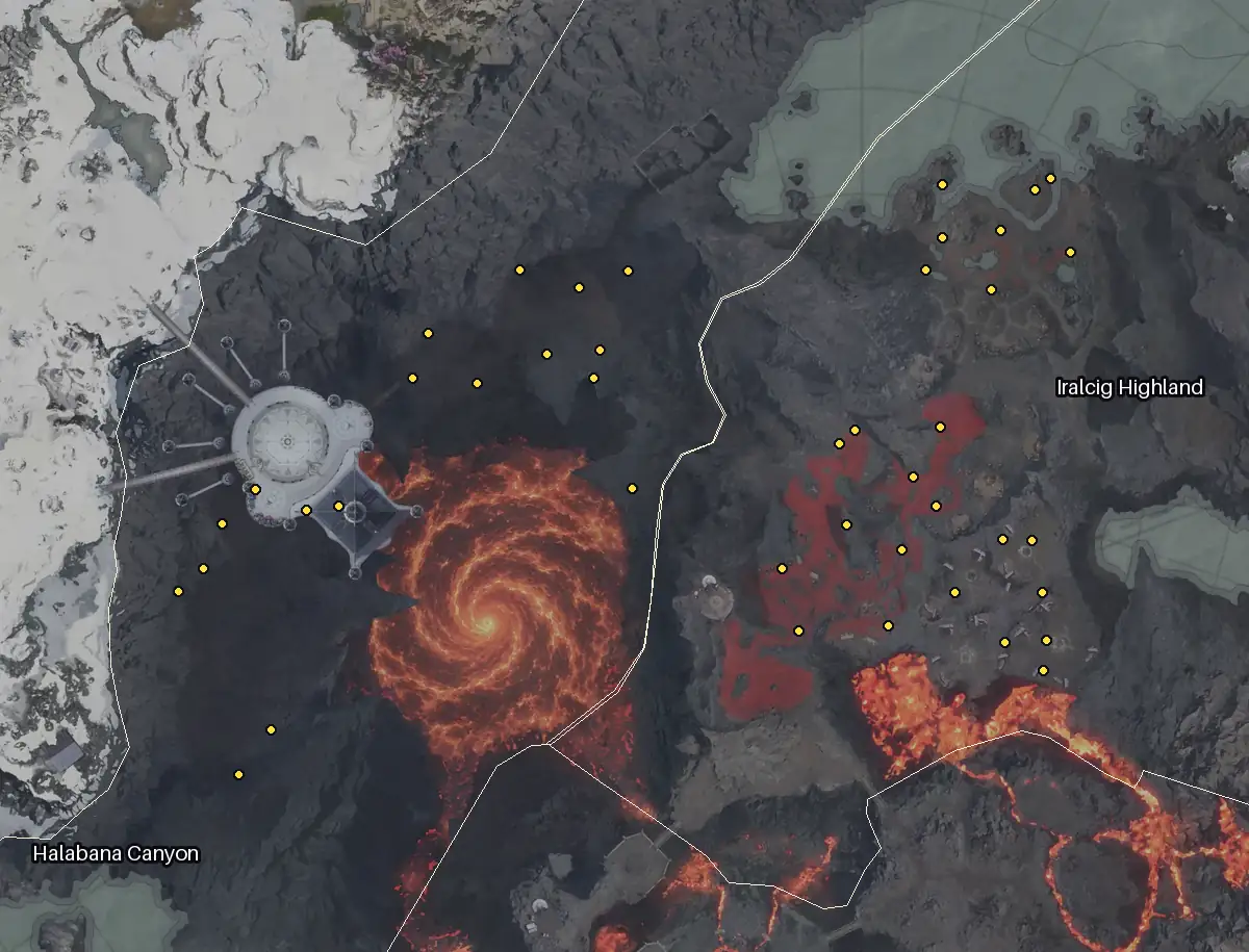 Map of Morheim with every Morfa node marked: Iralcig Highland, Halabana Canyon.