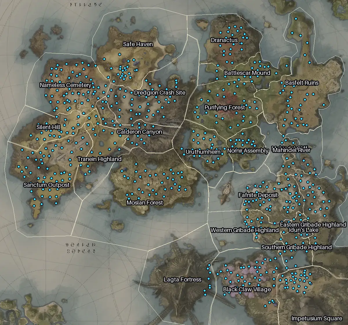 Map of Altgard with every Odyle node marked: Nameless Cemetery, Sanctum Outpost, Fafnite Deposit, Dredgion Crash Site.