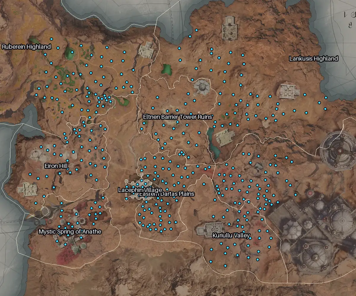Map of Eltnen with every Odyle node marked: Eastern Dartas Plains, Ruberein Highland, Fractured Land, Lankusis Highland.