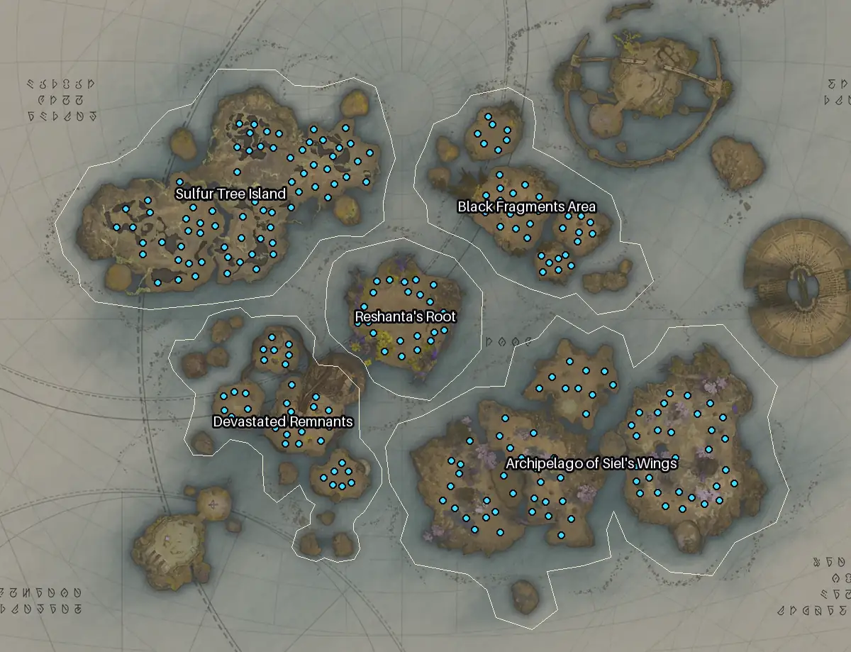 Map of Chaotic Lower Reshanta with every Odyle node marked: Sulfur Tree Island, Archipelago of Siel's Wings, Black Fragments Area, Devastated Remnants.