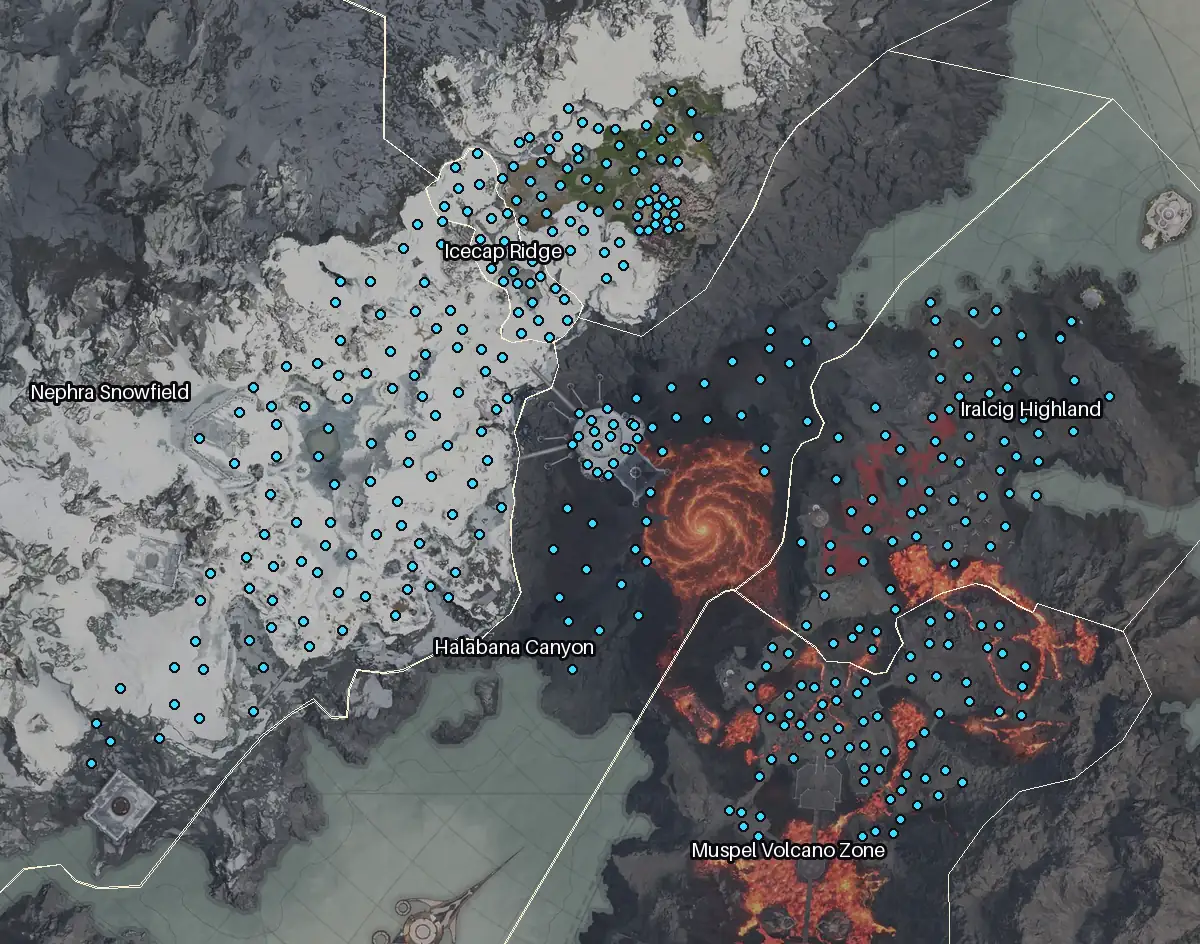 Map of Morheim with every Odyle node marked: Nephra Snowfield, Iralcig Highland, Muspel Volcano Zone, Patamor Plains.