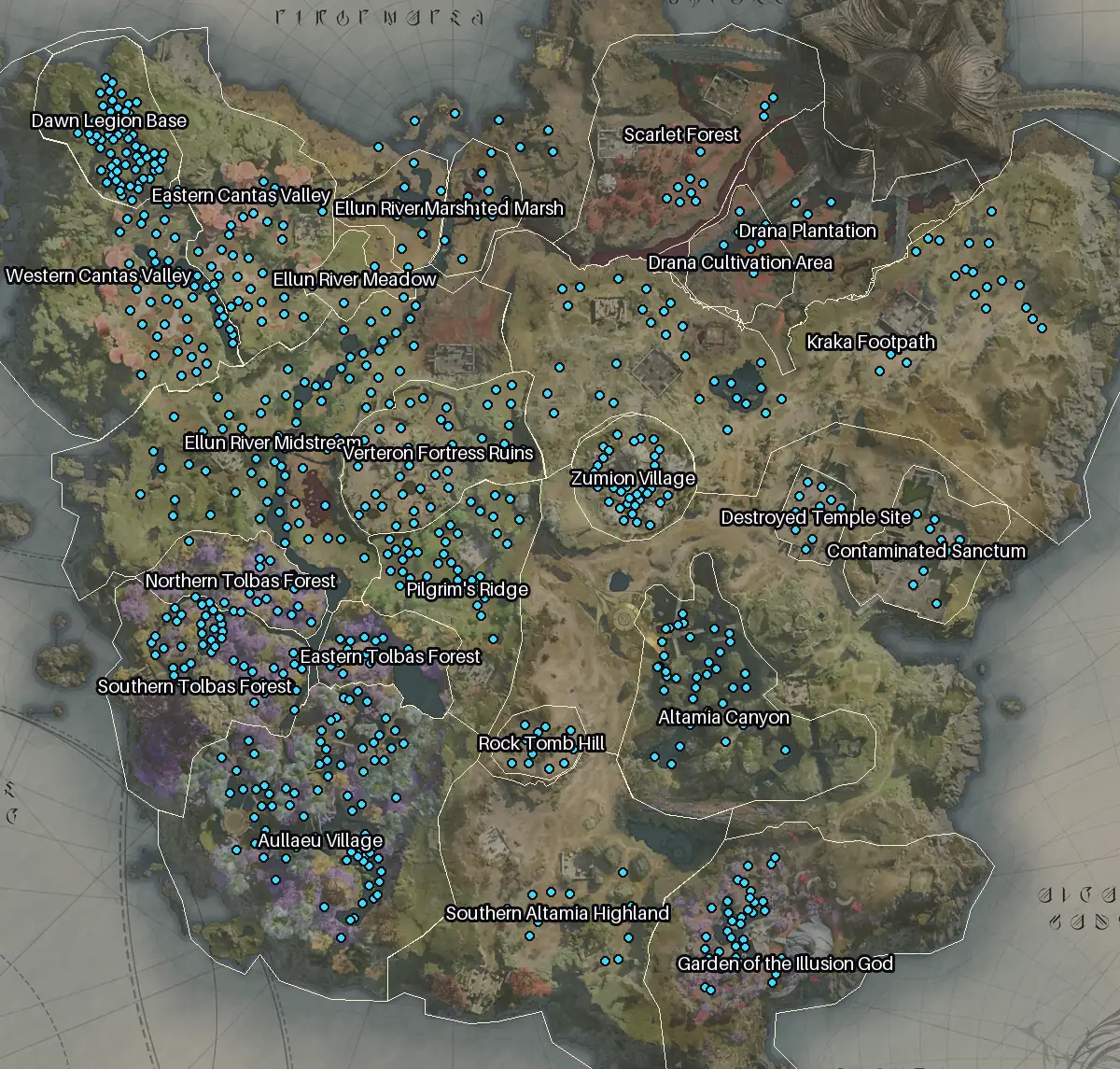 Map of Verteron with every Odyle node marked: Aullaeu Village, Ellun River Midstream, Dawn Legion Base, Kraka Footpath.