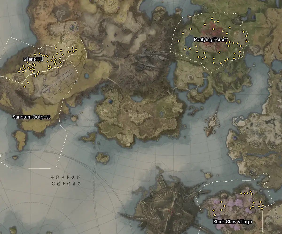 Map of Altgard with every Ohkra node marked: Silent Hill, Purifying Forest, Black Claw Village, Sanctum Outpost.