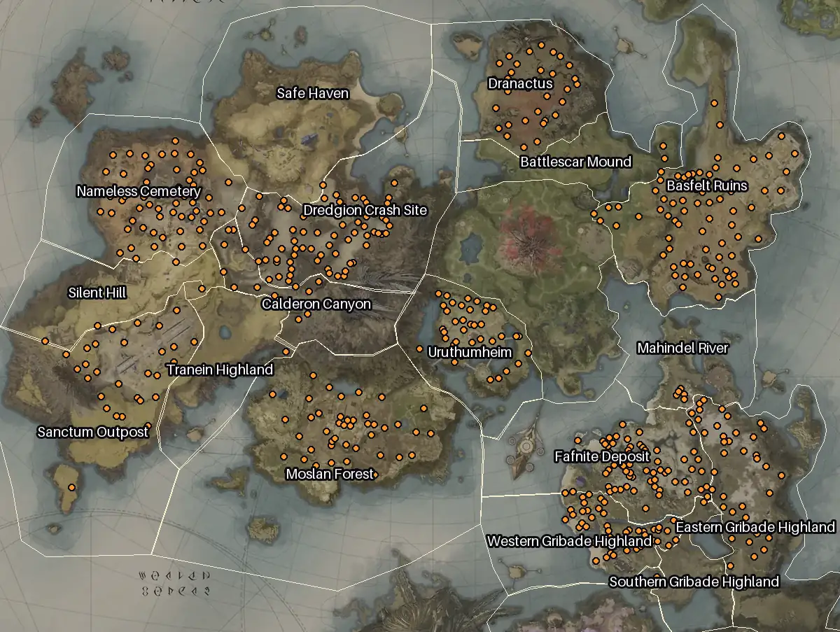Map of Altgard with every Orichalcum node marked: Basfelt Ruins, Dredgion Crash Site, Fafnite Deposit, Nameless Cemetery.