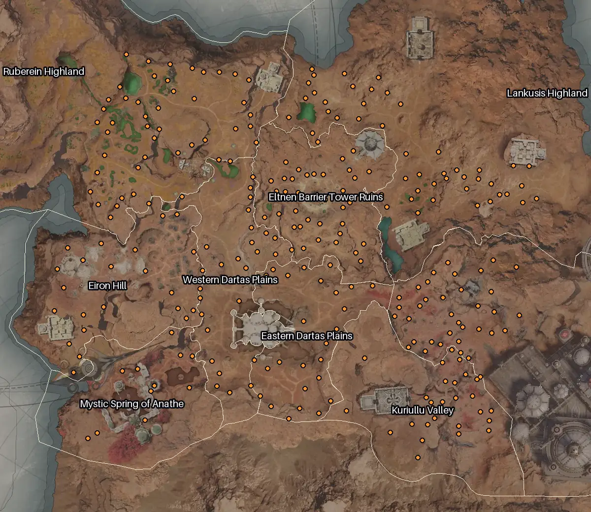 Map of Eltnen with every Orichalcum node marked: Lankusis Highland, Ruberein Highland, Eltnen Barrier Tower Ruins, Fractured Land.