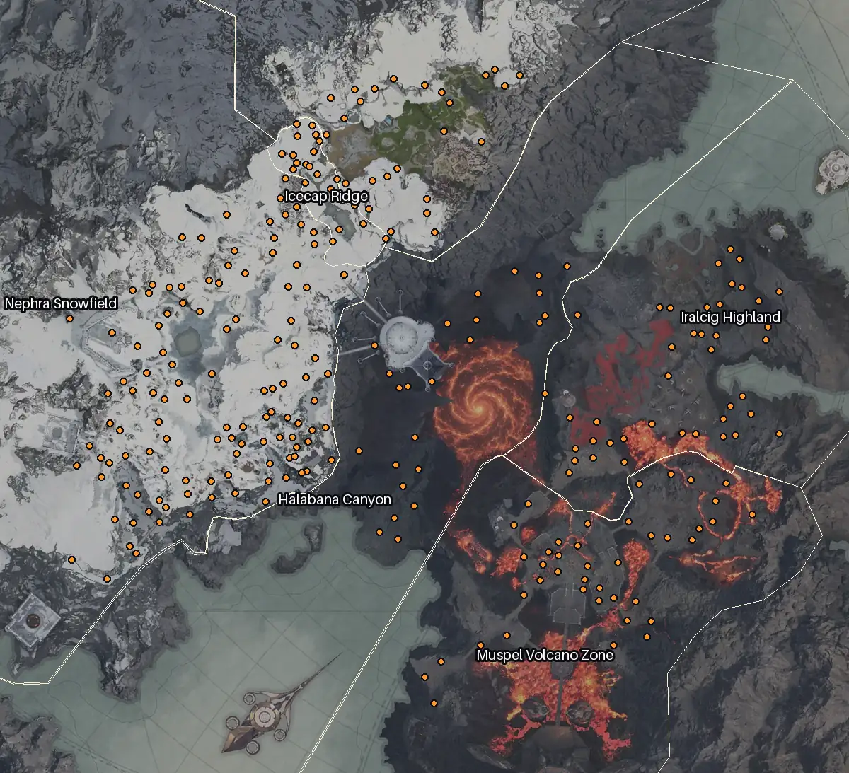 Map of Morheim with every Orichalcum node marked: Nephra Snowfield, Iralcig Highland, Muspel Volcano Zone, Patamor Plains.