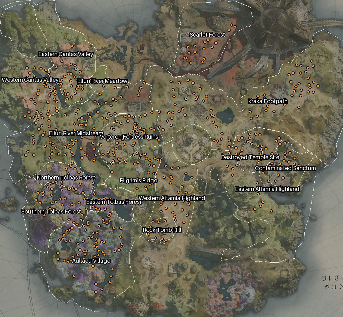 Map of Verteron with every Orichalcum node marked: Ellun River Midstream, Kraka Footpath, Aullaeu Village, Verteron Fortress Ruins.