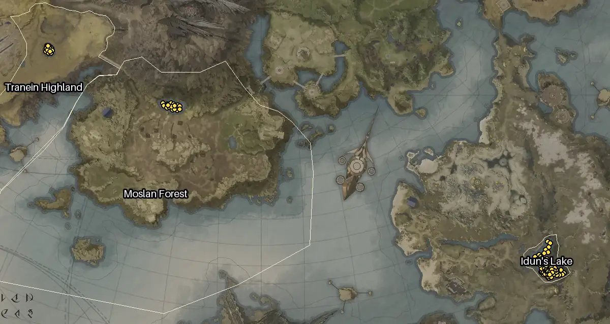 Map of Altgard with every Pujery node marked: Idun's Lake, Moslan Forest, Tranein Highland.