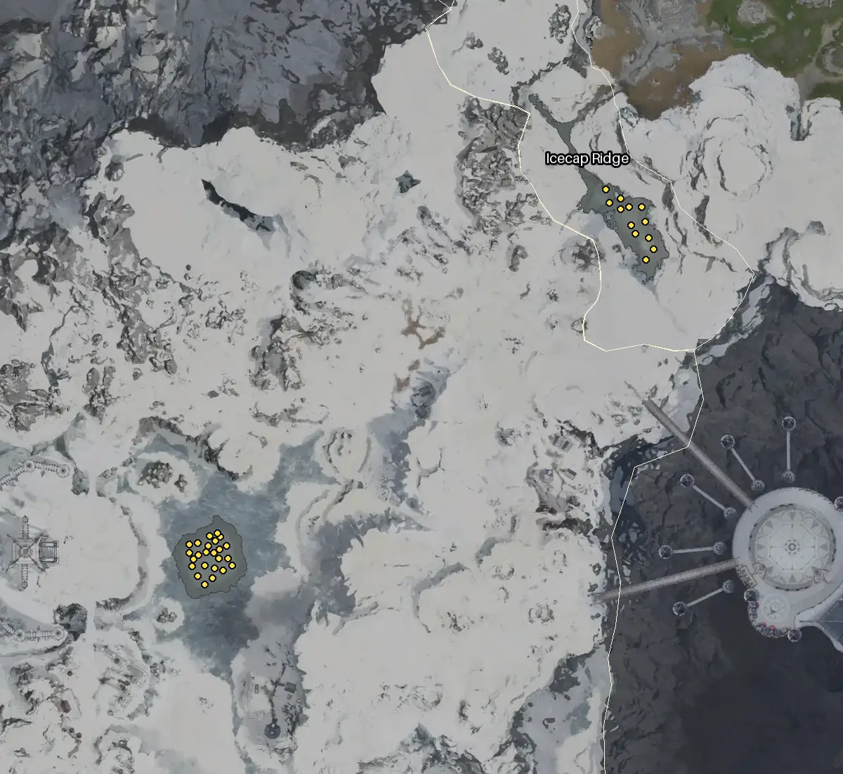Map of Morheim with every Pujery node marked: Nephra Snowfield, Icecap Ridge.