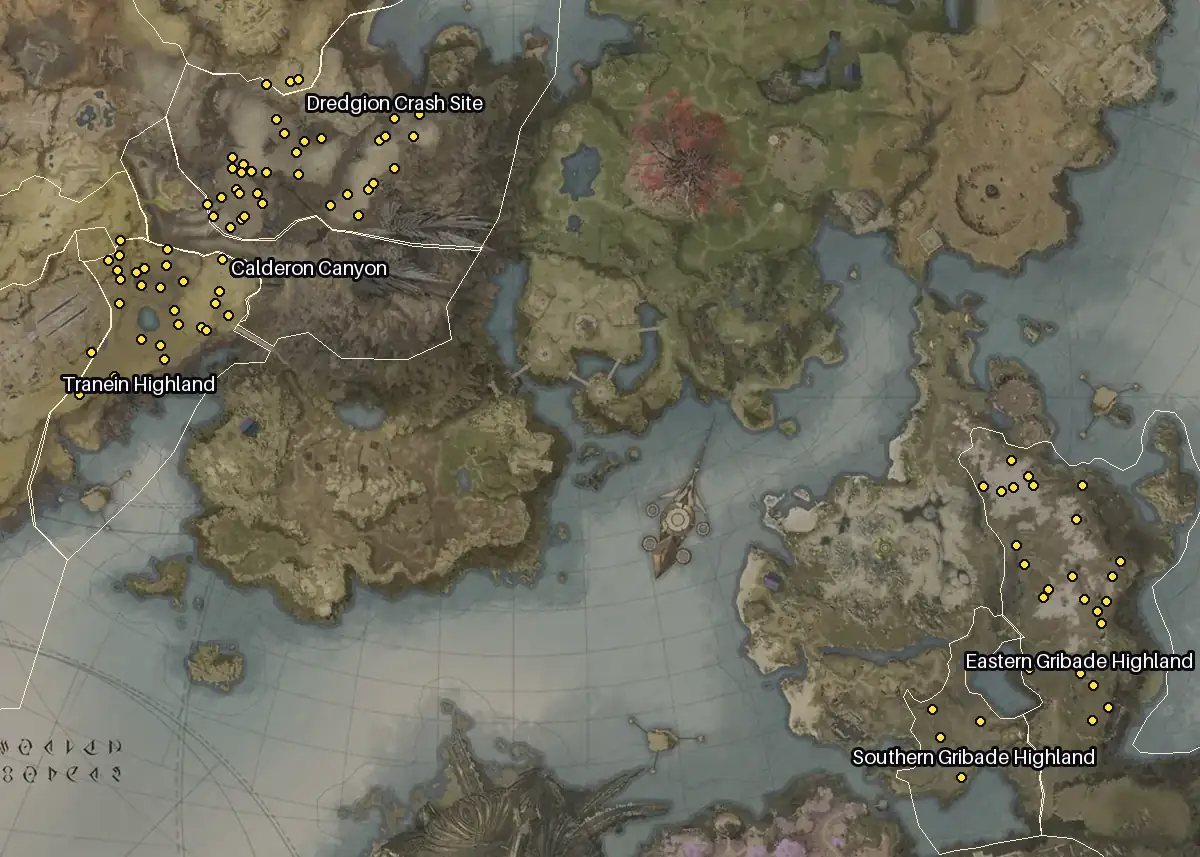 Map of Altgard with every Raydam node marked: Dredgion Crash Site, Tranein Highland, Eastern Gribade Highland, Southern Gribade Highland.