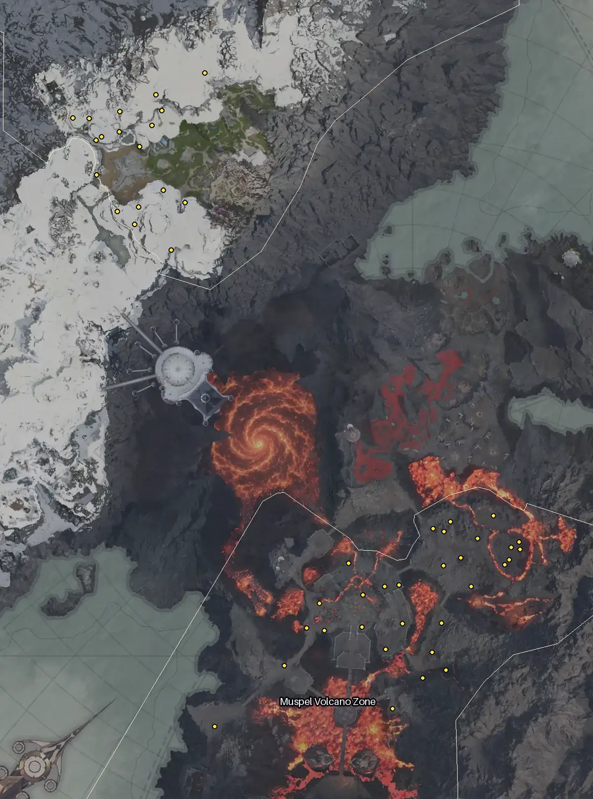Map of Morheim with every Raydam node marked: Muspel Volcano Zone, Patamor Plains.
