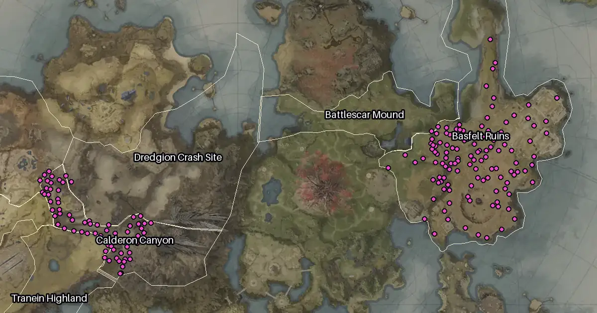 Map of Altgard with every Ruby node marked: Basfelt Ruins, Calderon Canyon, Tranein Highland, Nameless Cemetery.