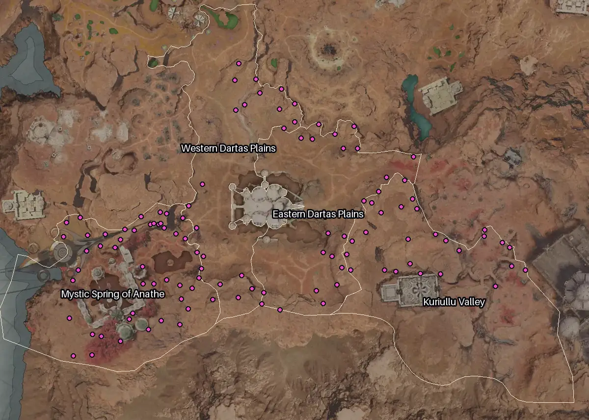 Map of Eltnen with every Ruby node marked: Mystic Spring of Anathe, Kuriullu Valley, Eastern Dartas Plains, Western Dartas Plains.