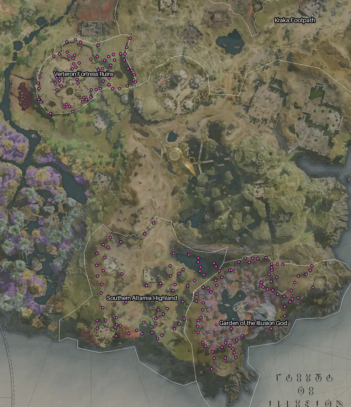 Map of Verteron with every Ruby node marked: Verteron Fortress Ruins, Garden of the Illusion God, Southern Altamia Highland, Kraka Footpath.