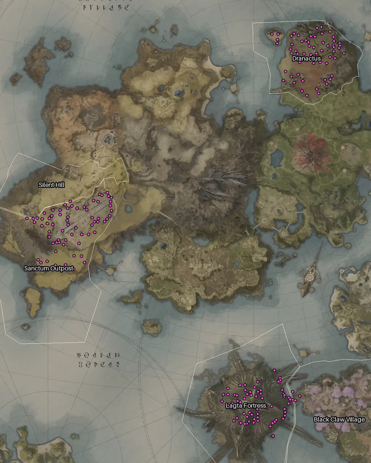 Map of Altgard with every Sapphire node marked: Sanctum Outpost, Lagta Fortress, Dranactus, Black Claw Village.