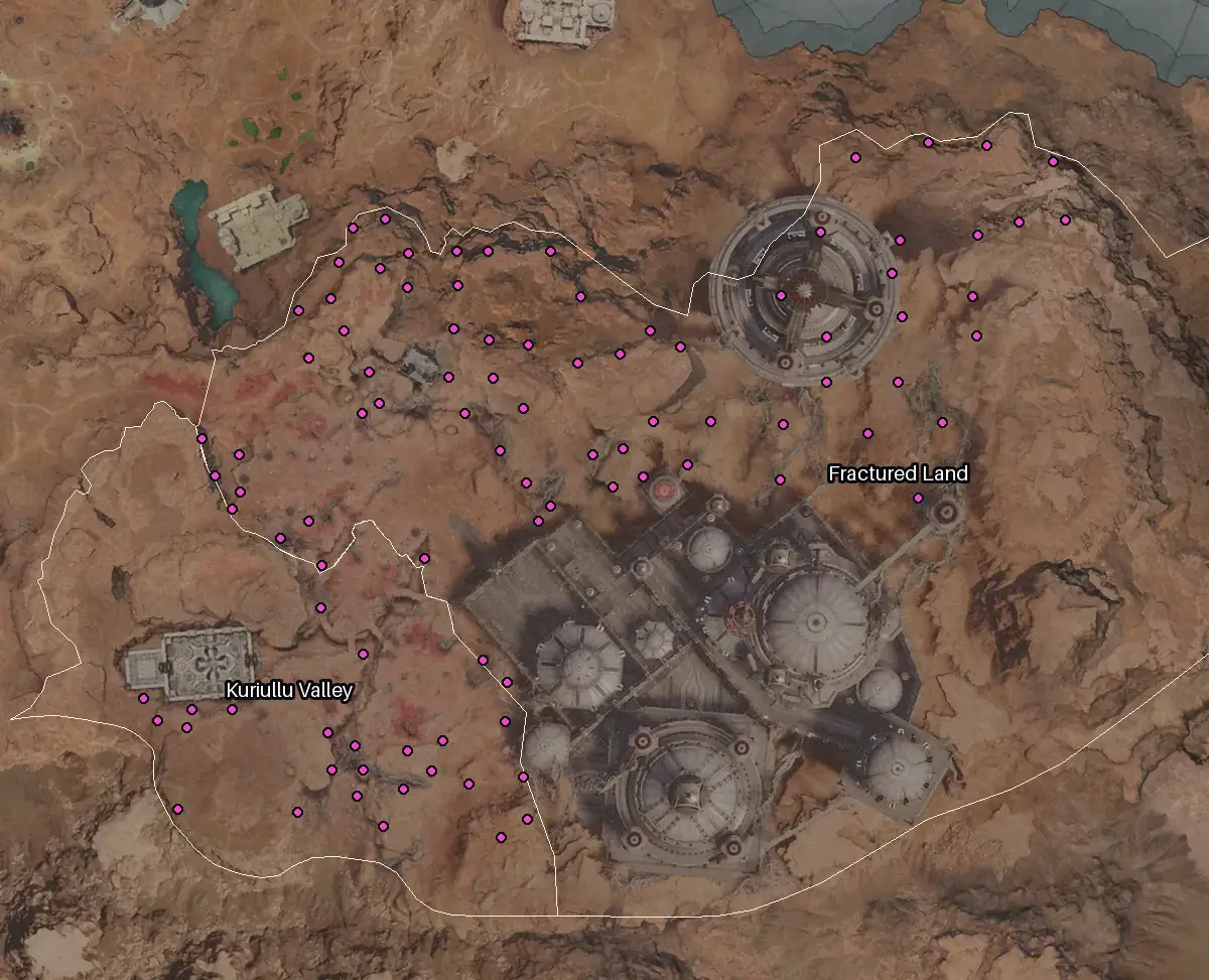 Map of Eltnen with every Sapphire node marked: Fractured Land, Kuriullu Valley.