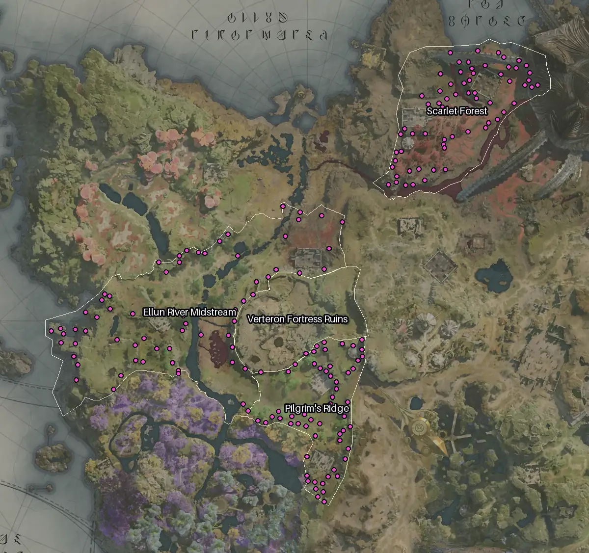 Map of Verteron with every Sapphire node marked: Ellun River Midstream, Scarlet Forest, Pilgrim's Ridge, Verteron Fortress Ruins.